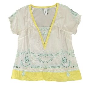 Mandarin Blue Embroidered White & Yellow blouse